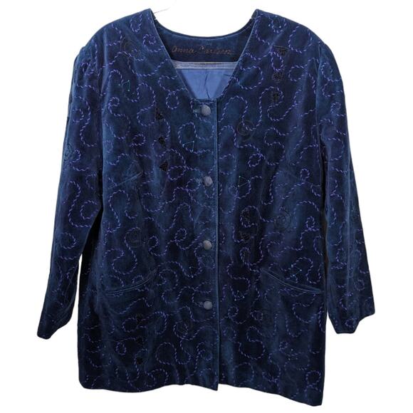 Vintage Anna Carlson Blue Velvet Embroidered Car Coat Mid Length Art To Wear - Picture 1 of 9
